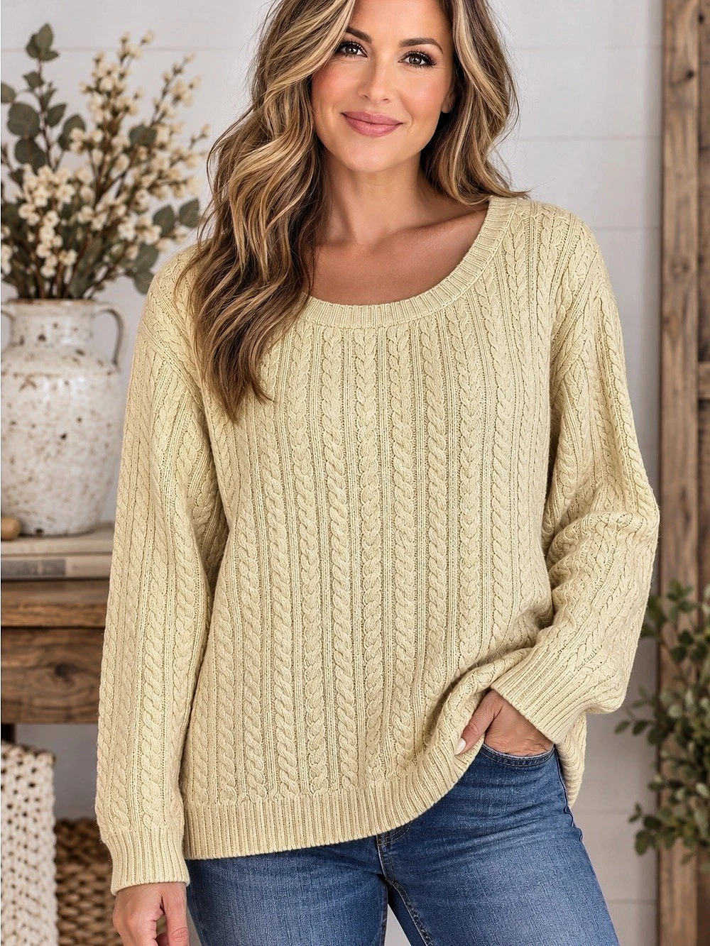 Lauren Ralph Lauren cream cable-knit cotton sweater, size 1X.